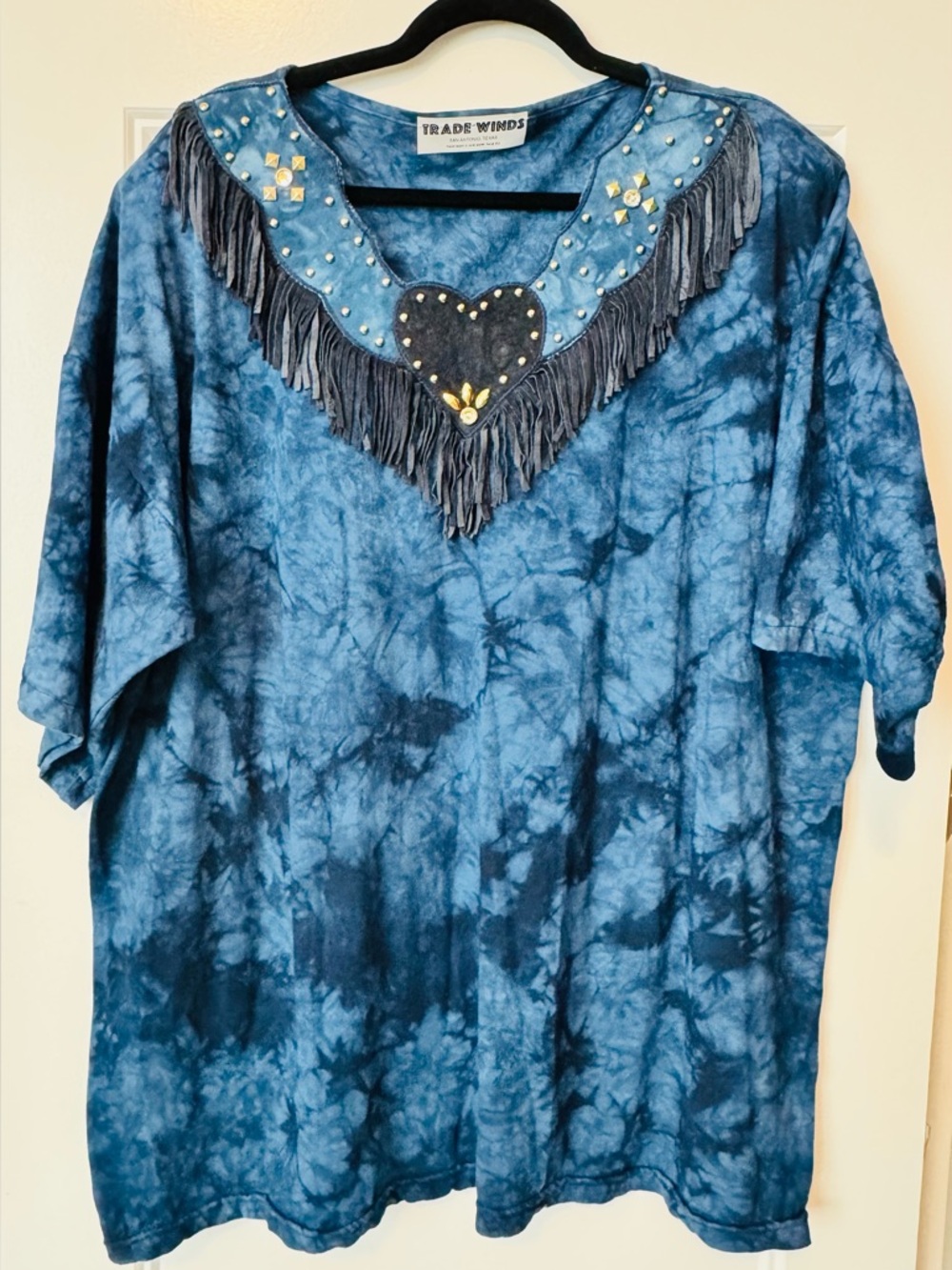 Trade Winds Tie Dye Western Fringe Studded Top Oversized Boho Festival Tee